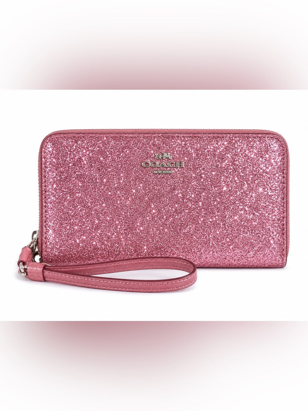 Coach Pink Glitter Zip Around Wristlet Wallet Sparkle Metallic Clutch
